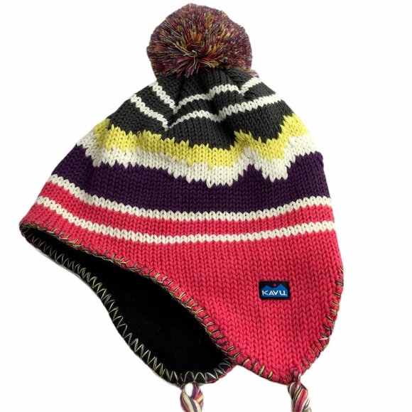 KAVU Ear Flap Trapper Wool Pom Pom Hat Multicolor - Picture 2 of 7